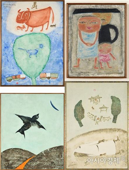 왼쪽 위부터 시계방향으로 소와 나무(1978), 가족(1978), 여름(1982), 새(1988)