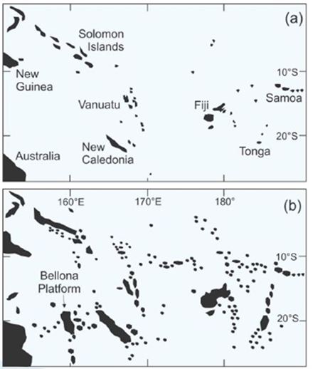 ▲2만 년 동안 남태평양 도서국가의 지질 변화를 보면 과거(b)보다 현재(a) 육지가 많이 사라졌음을 확인할 수 있다.해수면 상승에 따른 것이다.[자료제공=UNDP]