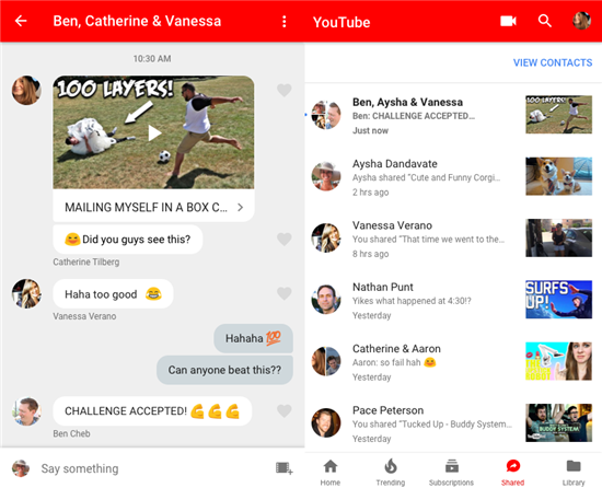 유튜브가 모바일 앱에 선보인 새로운 공유 기능을 통해 지인들과 동영상을 공유하고, 채팅도 할 수 있다.