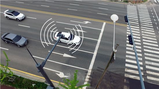 교통신호 정보가 교차로에 설치된 통신 안테나를 통해 시험 차량에 전달되고 있다.
