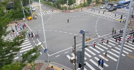 서울 송파구 문현초등학교 인근 교차로에서 시범 운영한 '동시 보행신호'[이미지출처=연합뉴스]