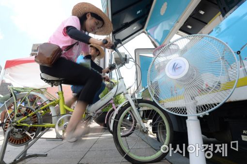 [포토]자전거 발전기로 선풍기 바람 쐬기