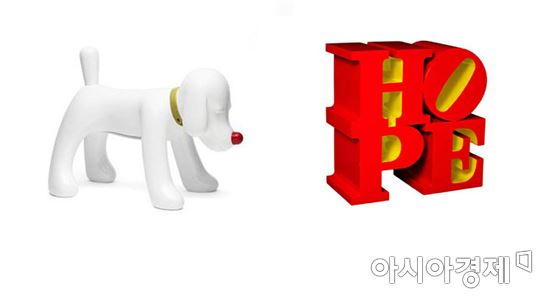 (왼쪽) 나라 요시토모, Doggy Radio/ 로버트 인디애나 Red Yellow [사진=갤러리조은 제공]