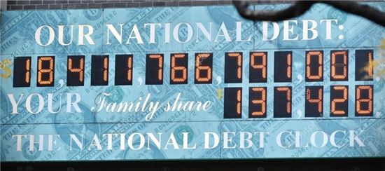 미국 뉴욕 맨하탄 거리에 위치한 미국 국가채무시계(National debt clock). 지난 2008월 9월30일, 미국 국가채무가 시계가 표시할 수 있는 최대 숫자인 10조달러를 넘어서면서 오류로 멈춘 바 있다.(사진=위키피디아)