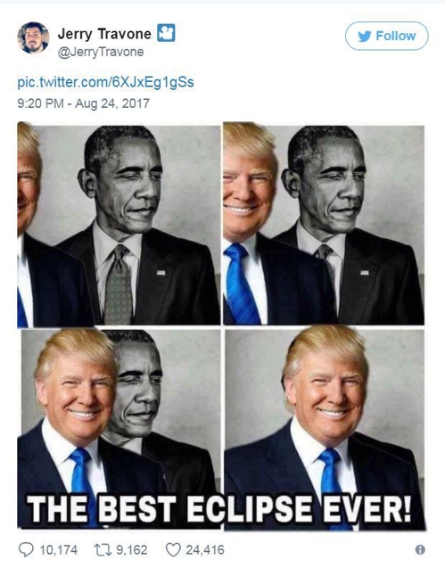 트럼프, 자신이 오바마 가리는 ‘개기일식 사진’ 리트윗 화제