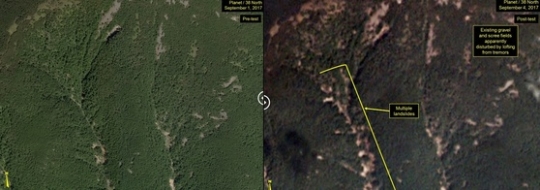 북한의 6차 핵실험 전(왼쪽)과 후 지형 사진. 38노스는 산기슭을 확대 분석한 결과 핵실험 이후 토사가 무너져내린 것을 확인할 수 있다고 분석했다 / 사진=38노스