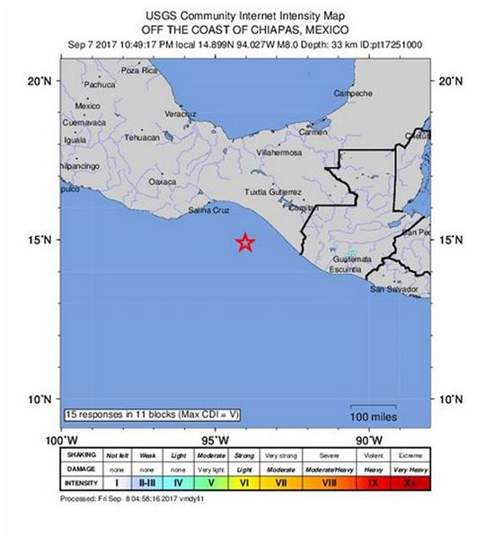 미국 지질조사국(USGS)은 8일 오후 멕시코 인근 해상에서 규모 8.0의 강진이 발생했다고 밝혔다. (사진출처= USGS)