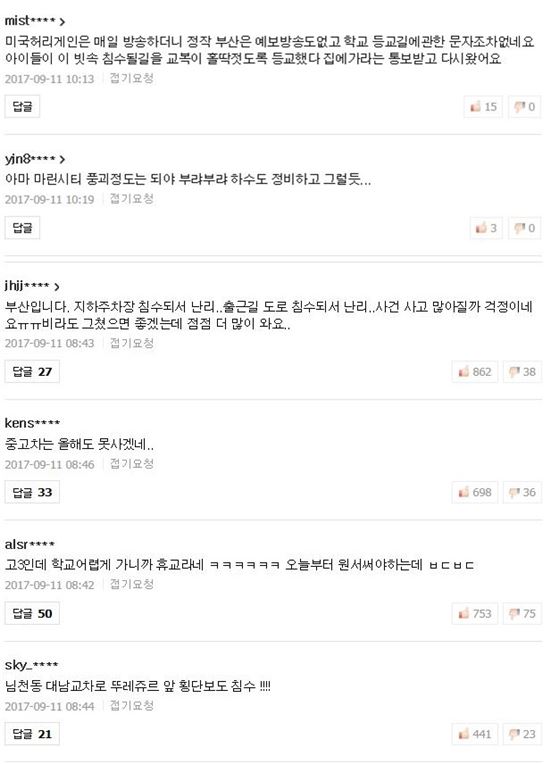 부산 침수에 네티즌 반응 / 사진=네이버 댓글 캡처