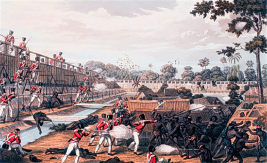 1824년, 영국의 첫 미얀마 침략전쟁인 1차 버마전쟁 묘사도. 영국은 이후 3차에 걸쳐 전쟁을 벌였으며 1886년 1월, 미얀마를 완전히 군사적으로 정복하고 식민지로 삼는다. 로힝야족은 이후 영국이 식민통치를 쉽게 할 용도로 뱅골만에서 미얀마로 이주됐다.(사진=위키피디아)