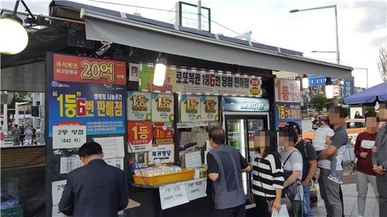 지난 16일 ‘로또 명당’으로 알려진 서울 동대문구 전농동의 한 로또 판매점에서 사람들이 로또를 구매하고 있다.