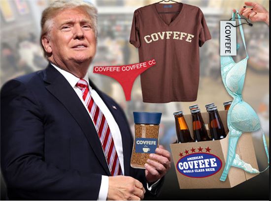 트럼프 대통령의 트위터 오타 ‘코브피피’(covfefe)를 패러디한 다양한 상품들
