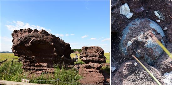 공룡알 화석산지 누드바위(왼쪽사진)와 그 아래 꼭꼭 숨어있는 공룡알
