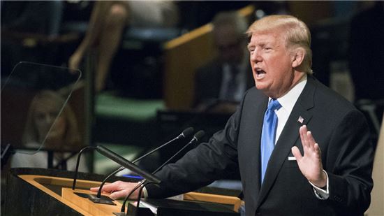 19일(현지시간) 트럼프 미국 대통령이 유엔 데뷔무대 연설서 北에 역대 최고수위 경고를 보냈다. 사진 = AP/연합뉴스