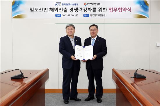20일 강영일 한국철도시설공단 이사장(오른쪽)과 이중호 인천교통공사 사장이 해외사업 공동참여를 위한 업무협약을 체결하고 기념사진 촬영을 하고 있다.
