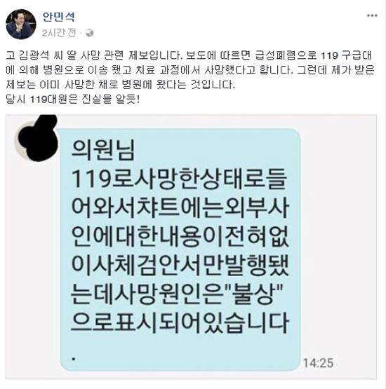 안민석 더불어민주당 의원이 공개한 김광석 딸 죽음 관련 제보 내용/사진=안민석 의원 페이스북 메시지 