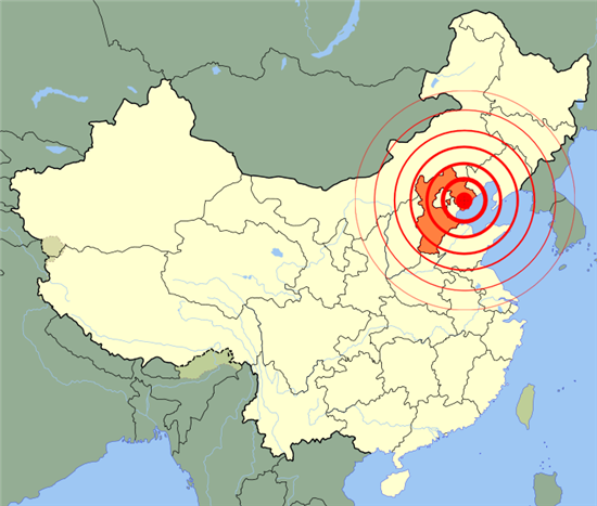 탕산 대지진 진원지 및 피해지역(사진=위키피디아)