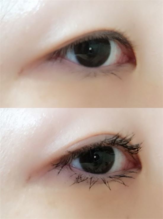 토니모리가 최근 선보인 신제품 '잉크드 라스팅 마스카라'(01 볼륨)를 사용하기 전과 후를 비교한 모습.(사진=조호윤 기자)  