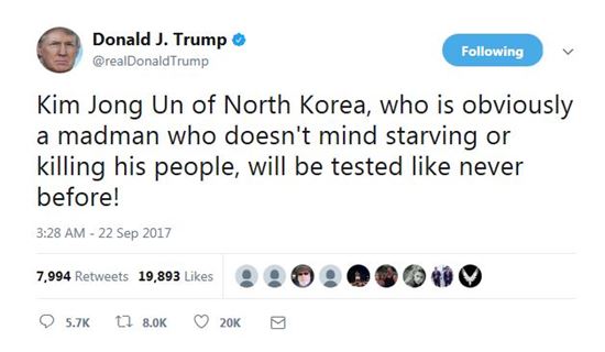 트럼프 "김정은은 분명한 미치광이"…트위터에 글 올려