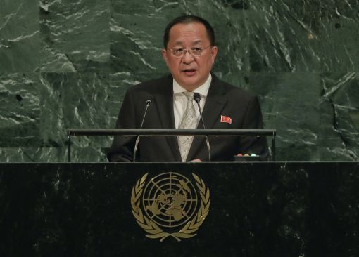 리용호 북한 외무상이 유엔총회에서 연설하고 있다. <사진=AP연합>