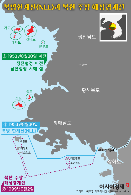 북방한계선(NLL)과 북한 주장 해상 경계선, 정전협정 이전 남한 점령 서해 섬. 그래픽 = 이주영 디자이너