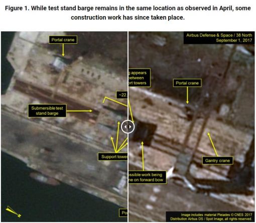 북한 서해안인 평안남도 남포의 해군 조선소에서 잠수함발사탄도미사일(SLBM) 수중 발사 시험용으로 추정되는 바지선의 공사가 계속 진행 중인 모습이 포착됐다. 사진은 지난 4월(왼쪽)과 9월 인공위성으로 촬영한 북한 남포 해군 조선소의 모습. 잠수함발사탄도미사일(SLBM) 수중 발사 시험용으로 추정되는 바지선의 위치는 달라진 게 없지만 공사는 계속 진행 중이다. (사진=38노스캡처, 연합뉴스)