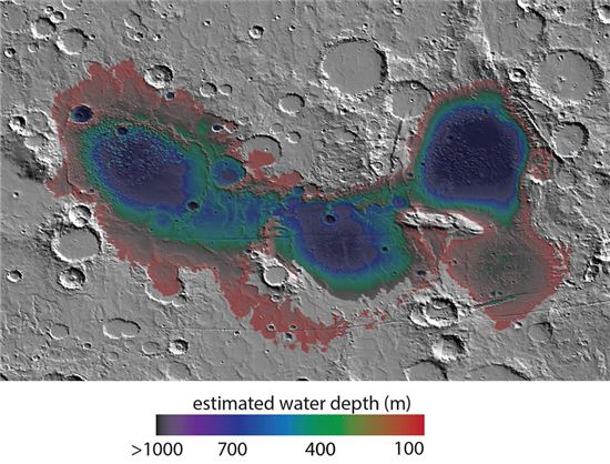 ▲37억년 전 화성의 에리다니아 분지는 바다였을 것으로 분석됐다.[사진제공=NASA]