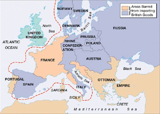 대륙봉쇄령 시행지역. 포르투갈을 제외하고 유럽 대부분 나라가 강제로 동참해야했다.(사진=astro.temple.edu)