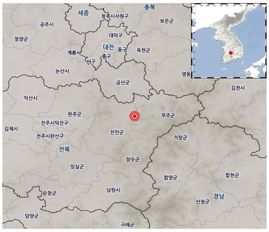 기상청은 20일 오전 6시41분쯤 전북 진안군 북동쪽 15㎞ 지역에서 규모 2.0 지진이 발생했다고 밝혔다. (사진=기상청 홈페이지 캡처)