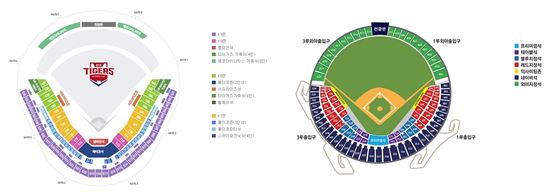 '2017 프로야구 한국시리즈'가 열리는 광주기아챔피언스필드(좌)와 잠실구장(우)의 좌석 지도 /사진=인터파크 캡쳐