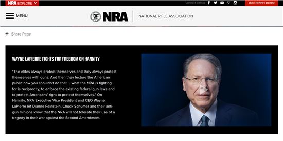 ▲전미총기협회(NRA) 홈페이지 화면. 웨인 라피에르 최고경영자(CEO)가 총기소지의 중요성을 설명하고 있는 화면.
