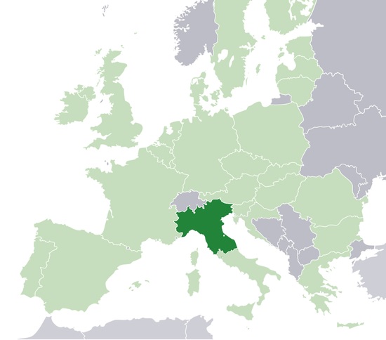 이탈리아에서 분리독립을 주장하고 있는 파다니아 지역(짙은 녹색 표시). 이탈리아 내에서 소득수준이 매우 높은 북부 지역들로 밀라노를 주도로 하는 롬바르디아와 베네치아를 주도로 하는 베네토 지역이 중심이 돼 자치권 확대 등을 주장하고 있다.(사진=위키피디아) 