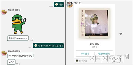 카카오미니를 통해 카카오톡으로 메시지를 보내거나 음악을 공유할 수 있다. 카카오미니로 카카오톡 메시지 앞에는 동그란 마크가 뜬다.