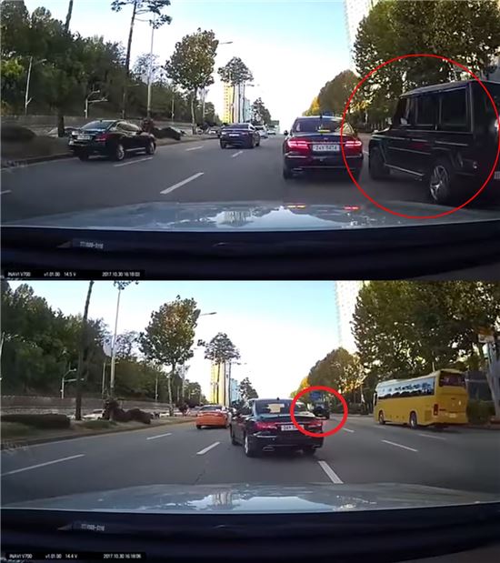 접촉사고를 일으키는 김주혁 차량(빨간색 원)/사진=유튜브 캡처