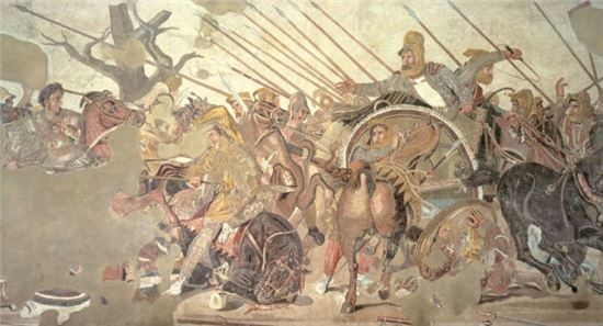 고대 로마도시인 폼페이 유적에서 나온 알렉산더 대왕과 페르시아 다리우스3세의 전투도 모습(사진=위키피디아)