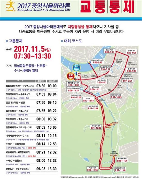 5일 마라톤 대회로 서울 송파·강남 일대 교통 통제