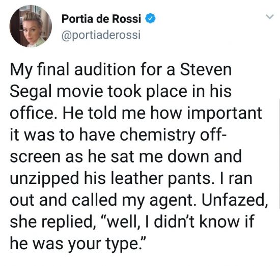9일(현지시각) 영화 배우 포티아 그로시가 자신의 트위터를 통해 과거 스티브 시걸에게 성폭행을 당했다고 밝혔다. /사진=포티아 그로시 트위터 캡쳐