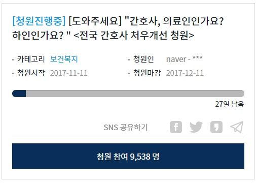 '전국 간호사 처우개선 청원' / 사진=청와대 '국민청원 및 제안' 게시판