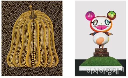 야유이 쿠사마, 호박(A-PUMPKIN [BAGN8]), 2011, 경매 추정가 한화 약 29억~36억 원(왼쪽), 다카시 무라카미, 판다(Panda), 2003, 경매 추정가 한화 약 29억~40억 원(오른쪽) 
