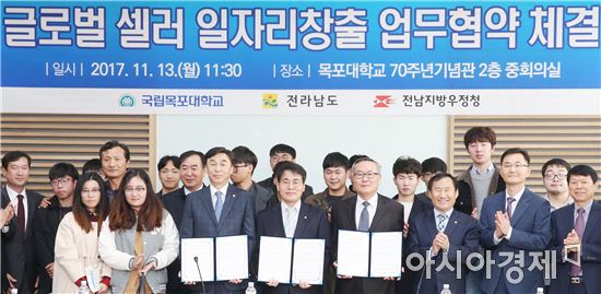 전라남도ㆍ목포대학교ㆍ전남지방우정청은 13일 오전 목포대학교에서 해외 마켓 플에이스를 활용해 지역 생산물을 판매하는 ‘글로벌 셀러 일자리창출 업무협약’을 체결했다. (앞줄 왼쪽 세 번째부터) 목포대학교 최일 총장, 이재영 전라남도지사 권한대행, 전남지방우정청 김성칠 청장. 사진제공=전남도