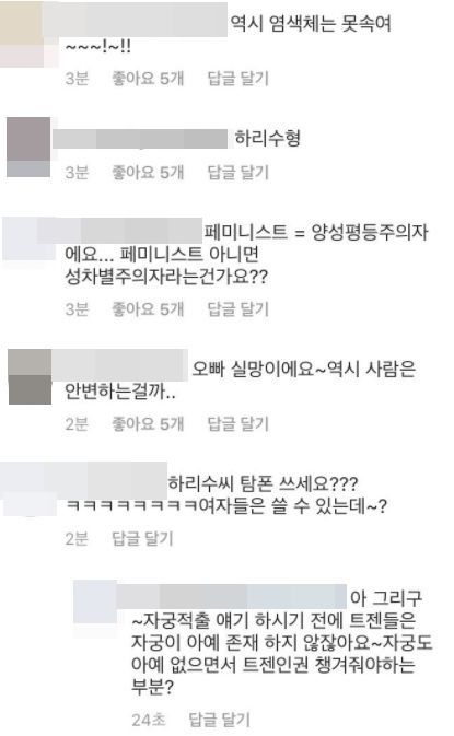 13일 하리수의 인스타그램에 달린 비난 댓글 /사진=하리수 인스타그램 캡쳐