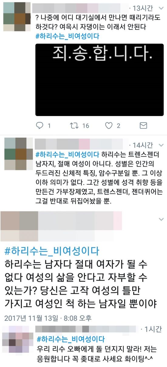 13일 '#하리수는_비여성이다' 해시태그와 함께 공유된 하리수 비난 게시글 /사진 = 트위터 캡쳐
