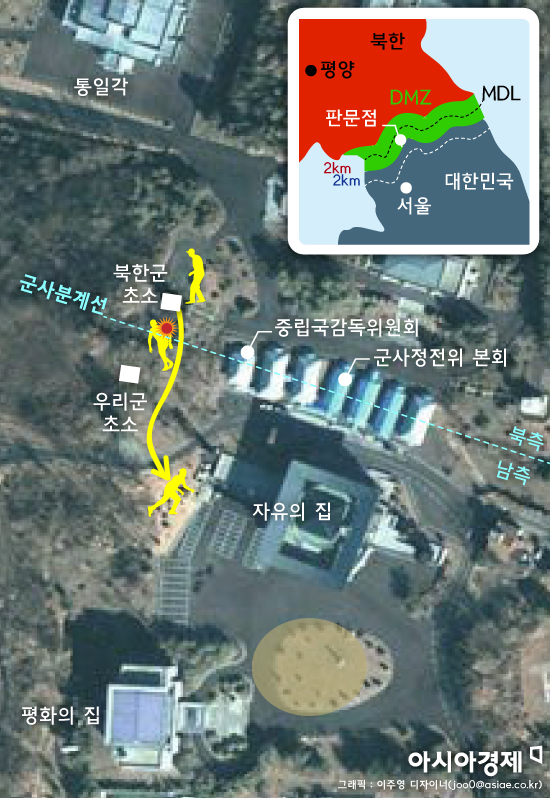 판문점 공동경비구역(JSA) 통해 귀순한 북한군의 이동경로. 그래픽 = 이주영 디자이너