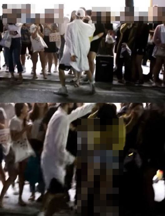 6월18일 홍대 버스킹 공연 중 피해자 A씨의 머리채를 잡고 흔드는 임병두 씨/사진=유튜브 캡처