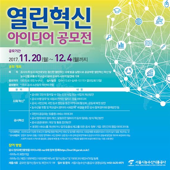 서울시농수산식품공사 '열린혁신' 아이디어 공모전 개최