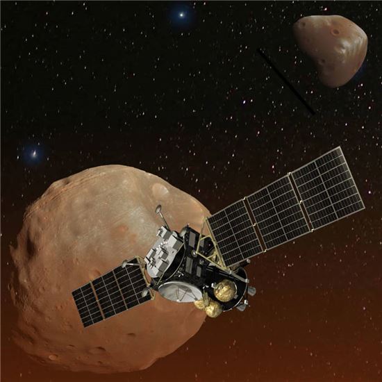 ▲MMX 탐사선이 2024년 발사돼 화성의 달에 착륙, 샘플을 채취한다.[사진제공=JAXA/NASA]