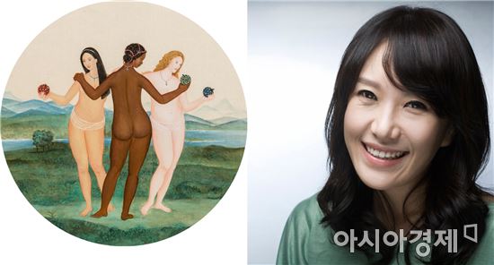 트리니티, 비단에 석채, 2017(왼쪽)/ 정해진 작가