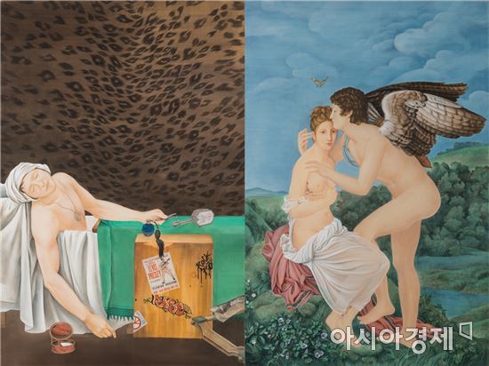 Peace of Mara, 비단에 석채, 2017(왼쪽) / 프시케의 균형, 비단에 석채, 2017