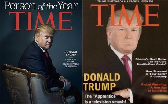 지난해 타임의 '올해의 인물' 표지(왼쪽)와 트럼프 소유 골프장에 걸렸던 가짜 표지 사진