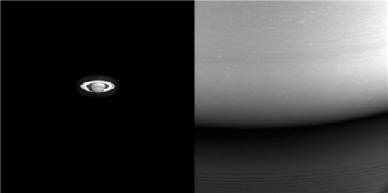 ▲카시니 호가 토성을 본 첫 순간(왼쪽)과 토성 대기권에 충돌하기 하루 전 찍은 토성(오른쪽). 토성의 '알파와 오메가'를 경험했다.[사진제공=NASA]