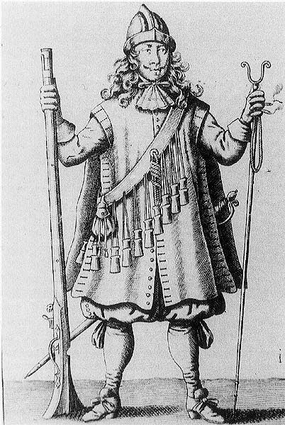 17세기 화승총 부대 병사의 모습. 옷에 주렁주렁 매달린 통은 탄환과 화약을 넣어놓은 카트리지로 보통 12개를 줬기 때문에 12사도라고 불렀다.(사진=위키피디아)